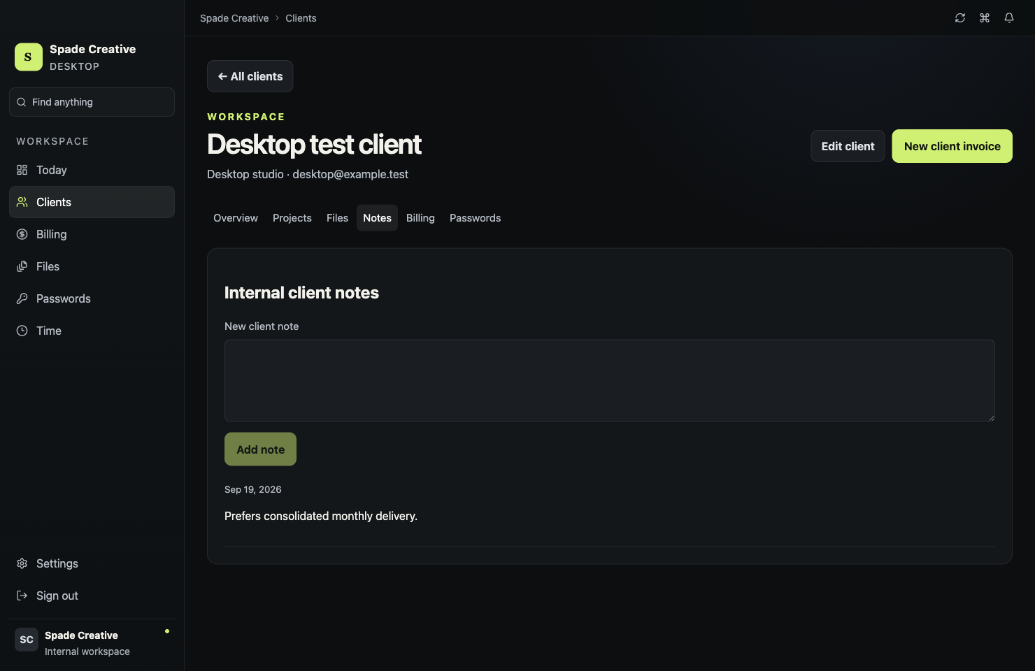 Client workspace with notes and related records